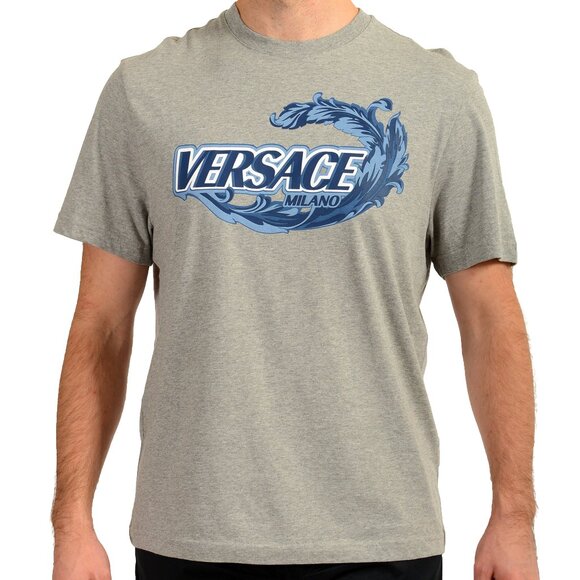 Versace Men's Gray & Blue Logo Print Short Sleeve T-Shirt US 5XL IT 62 - Picture 1 of 6